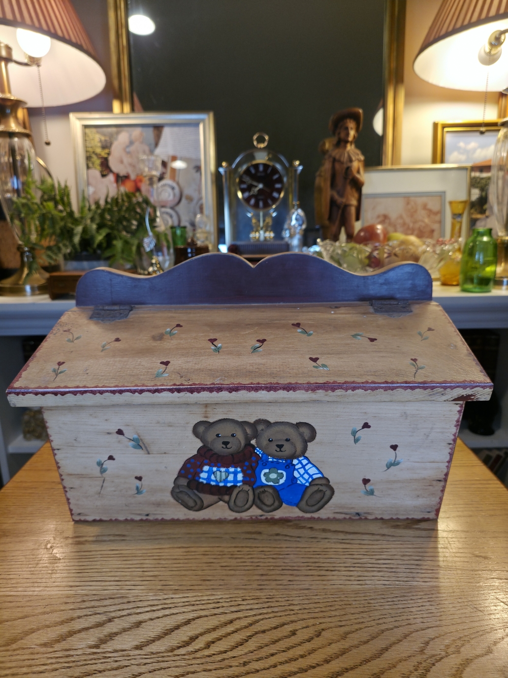 Vintage Hand Painted Teddy Bear Wooden Mailbox Style Storage Box Wall Mount 13"